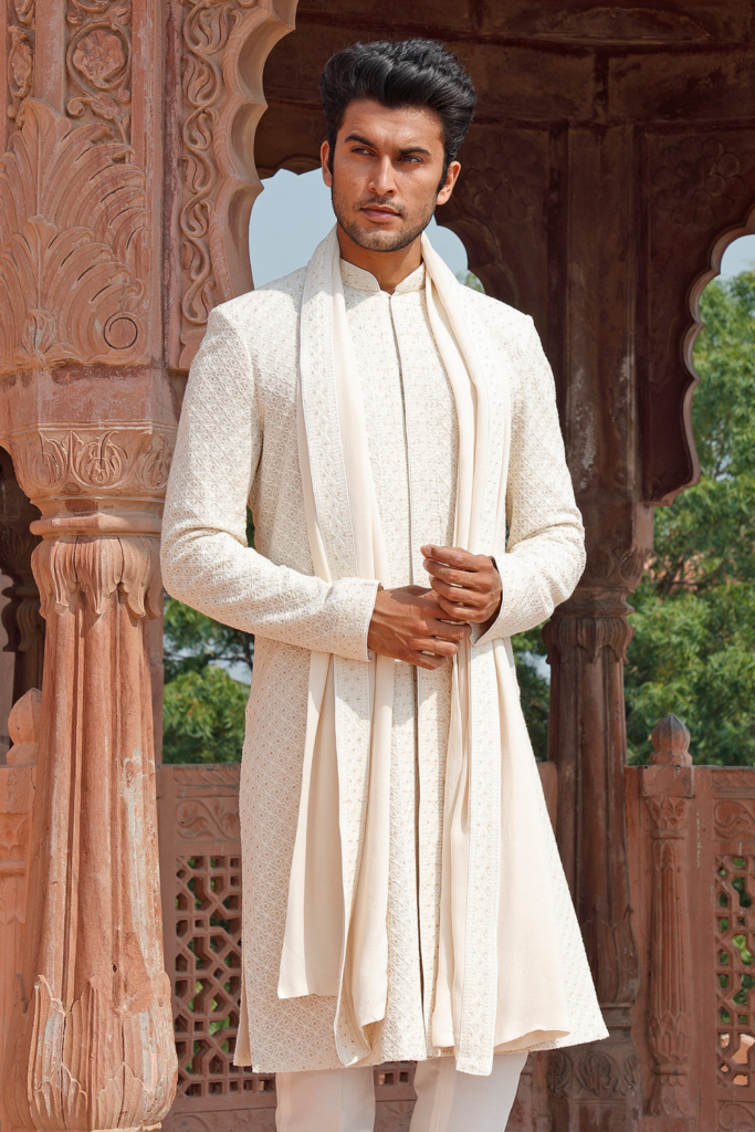 Buy White Georgette Embroidered Sherwani Set For Men by Vanshik Online at Aza Fashions.