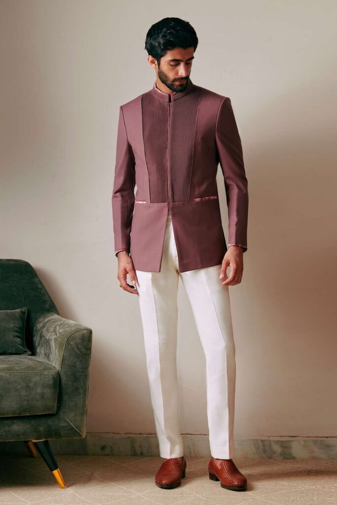 Buy Wine 100% Perennial Wool Plain Jashn Pintuck Bandhgala For Men by Philocaly Online at Aza Fashions.