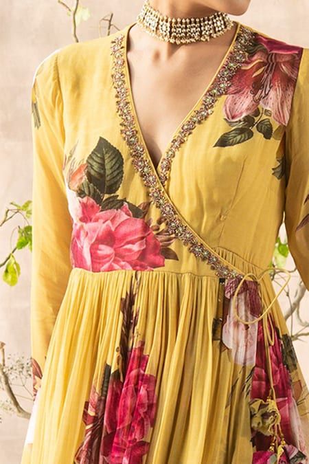 Buy Yellow Georgette Embroidery V Neck Printed Anarkali And Gharara Set For Women by Kalista Online at Aza Fashions.