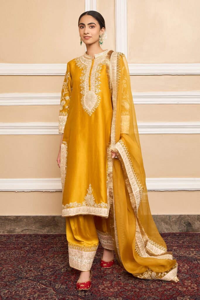 Buy Yellow Kurta  Pure Silk Chanderi Embroidered Kashmiri Tilla Set For Women by Sheetal Batra Online at Aza Fashions.