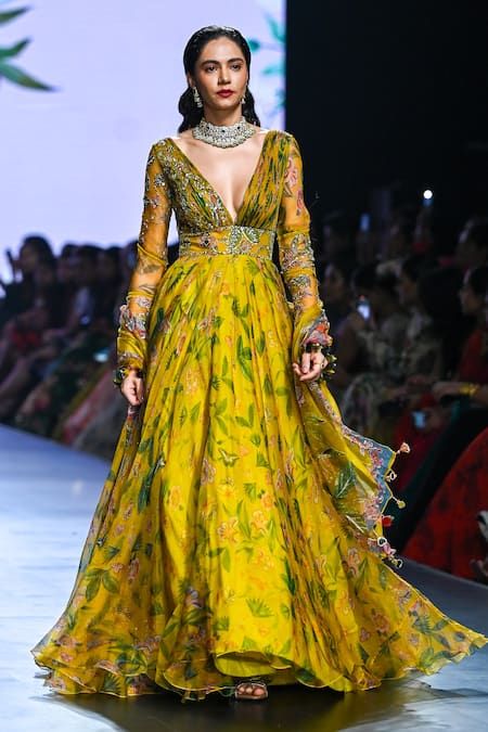 Buy Yellow Organza Embellished Ava Blossom Pattern Anarkali With Dupatta For Women by Mahima Mahajan Online at Aza Fashions.