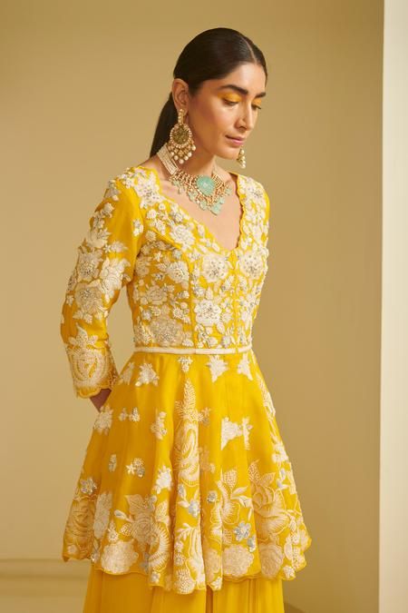 Buy Yellow Organza V Neck Embroidered Kurta Sharara Set For Women by Varun Bahl Online at Aza Fashions.