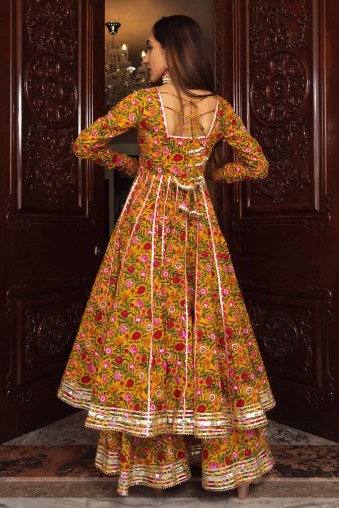 Buy Yellow Print Floral Round Neck Mastani Botanical Anarkali Set For Women by POMCHA JAIPUR Online at Aza Fashions.