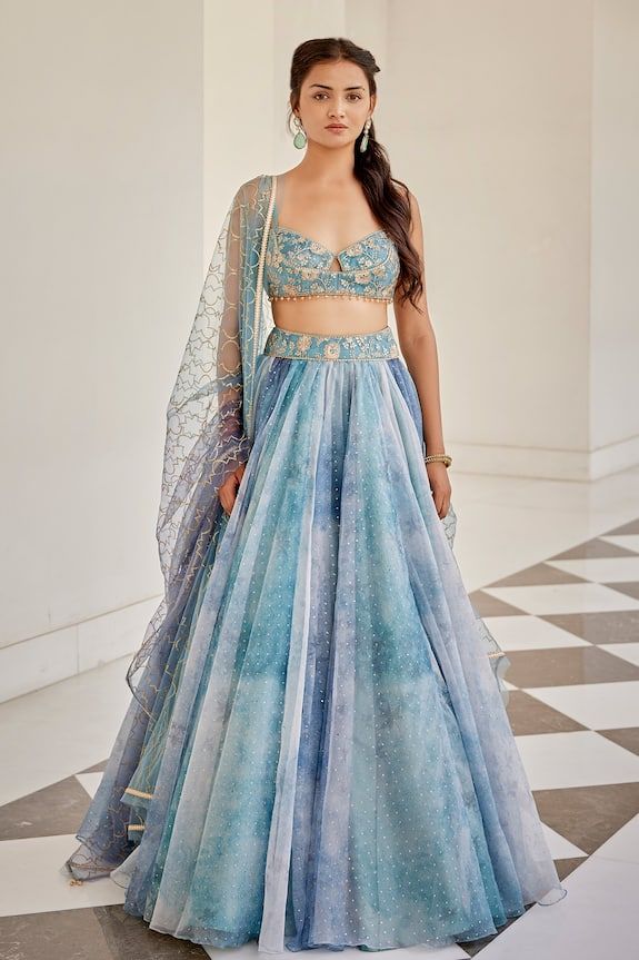 Cedar and Pine Lehenga Set | Women, Lehengas, Classic Lehengas, Blue, Sequin, Organza, Sweetheart Neck, Sleeveless at Aza Fashions