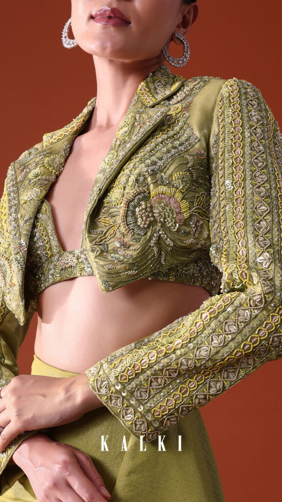 Citrus Green Draped Slit Skirt With Embroidered Short Jacket