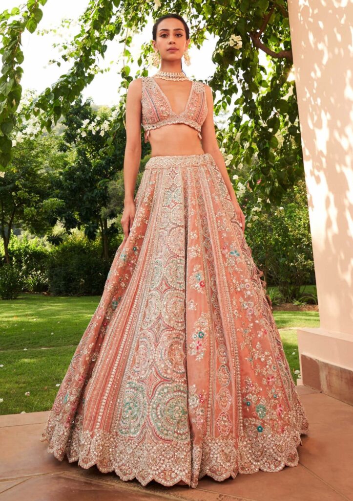 Coral embroidered lehenga set