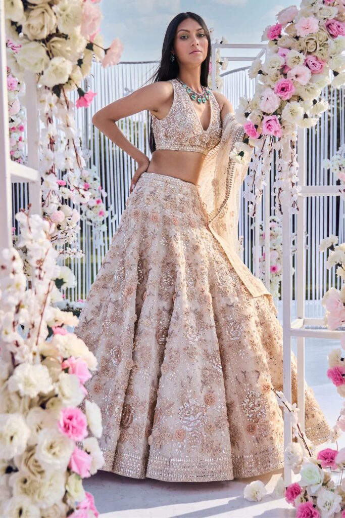 Cream Floral Lehenga Set – 14 / Short