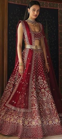 Designer, Mehendi Sangeet, Wedding Red and Maroon color Satin Silk fabric Lehenga : 1882974