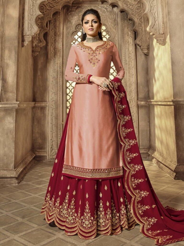 Drashti Dhami Peach Satin Georgette Lehenga Style Suit – M-38