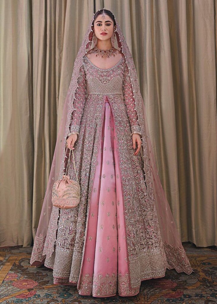 Elegant Tea Pink Pakistani Bridal Dress Gown Pishwas in Lehenga Style – MEDIUM