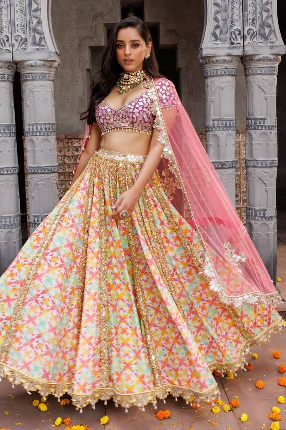 Elena Singh Fareeha Abstract Print Lehenga Set | Multi Color, Abstract, Crepe, V Neck, Half Sleeves at Aza Fashions