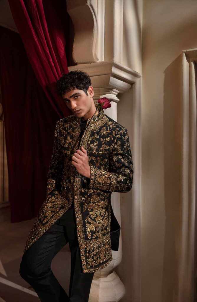 Embellished Black Sherwani Style Pakistani Groom Dress