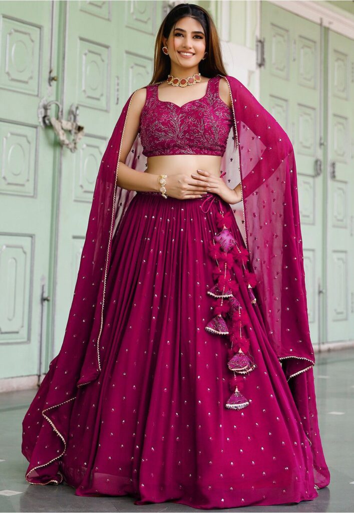 Embroidered Georgette Lehenga in Fuchsia