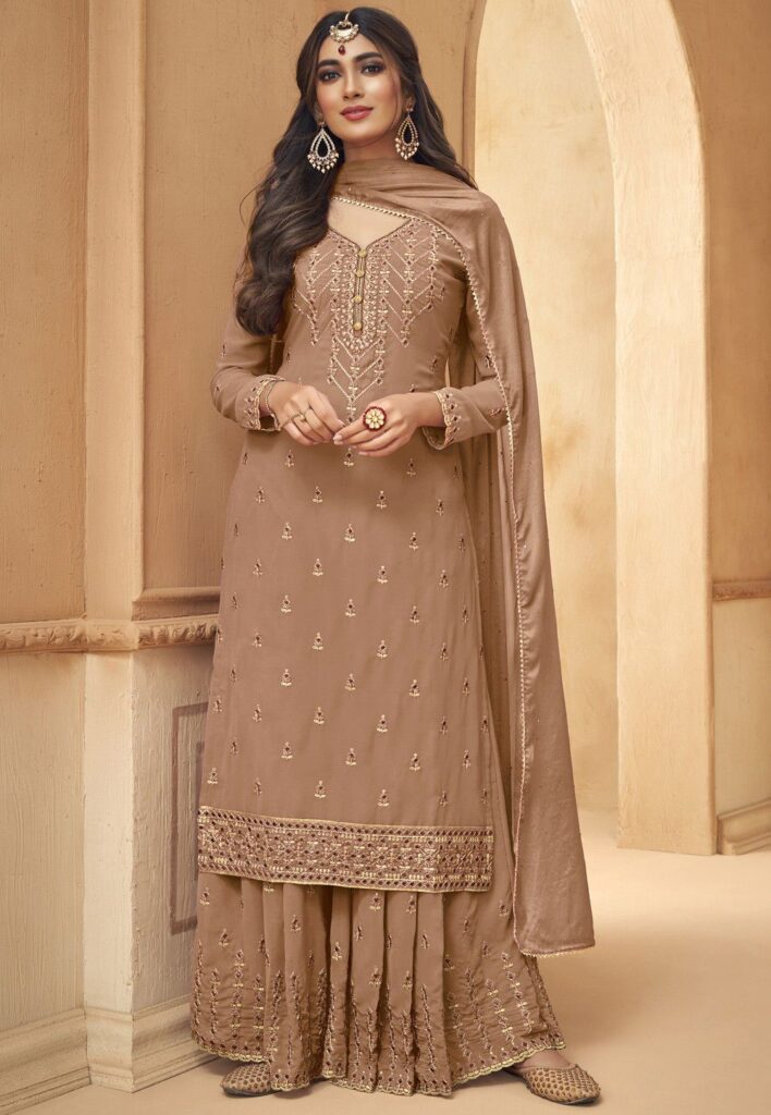 Embroidered Georgette Pakistani Suit in Beige