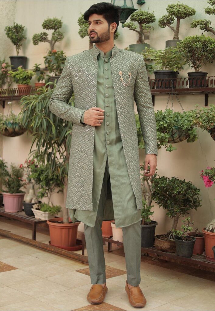 Embroidered Georgette Sherwani in Dusty Green