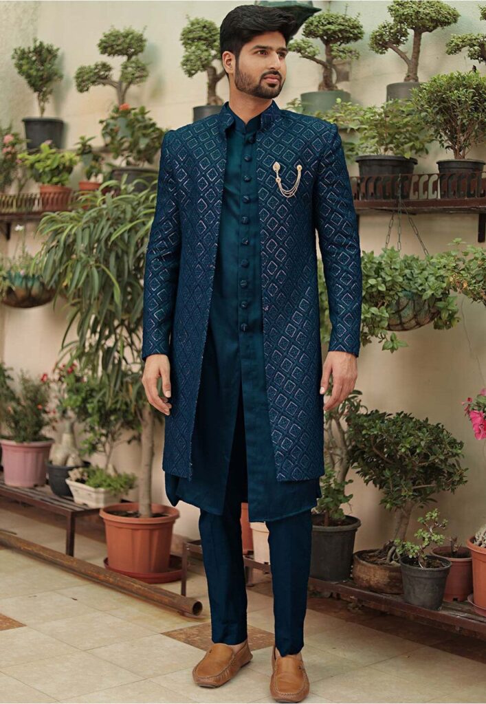 Embroidered Georgette Sherwani in Teal Blue