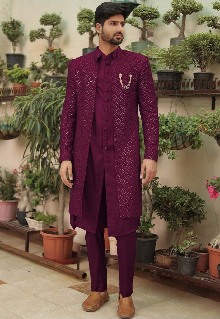 Embroidered Georgette Sherwani in Wine