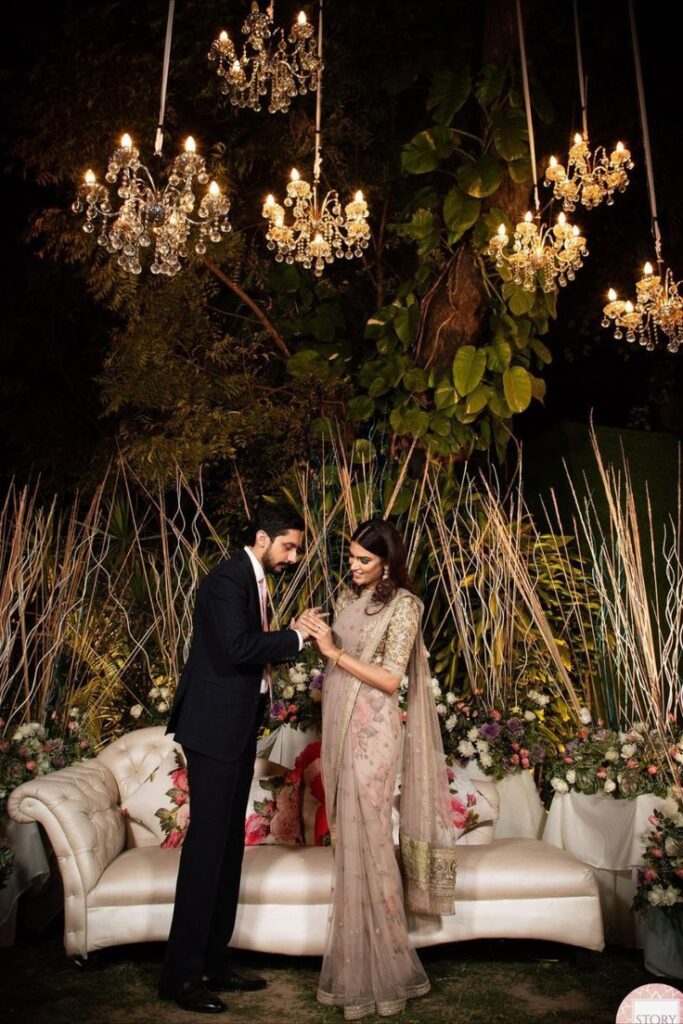 Engagement decor ideas | Chandelier Indian wedding decor