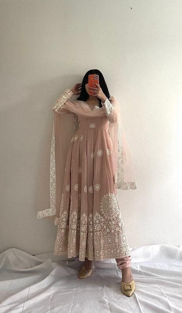 Gown, Worked Gown, Peach Color Gown, Indian Dress, Designer Gown, Anarkali Gown, Partywear Gown, Wedding Dress, Traditional Gown, RR-5015