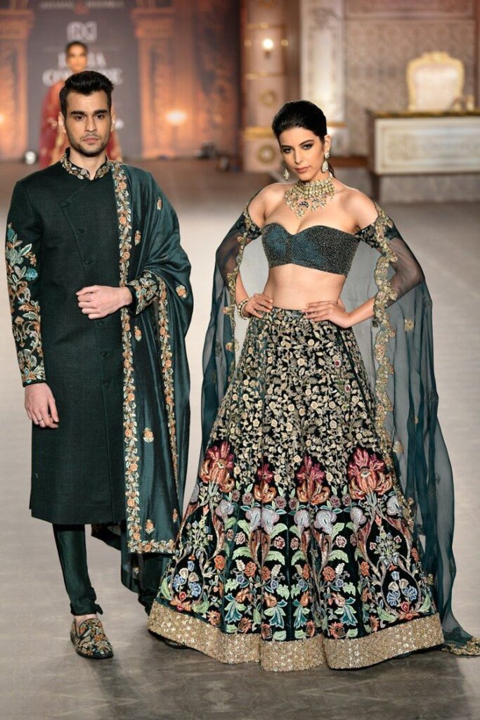 Green sequins embroidered reception lehenga Shyamal Bhumika