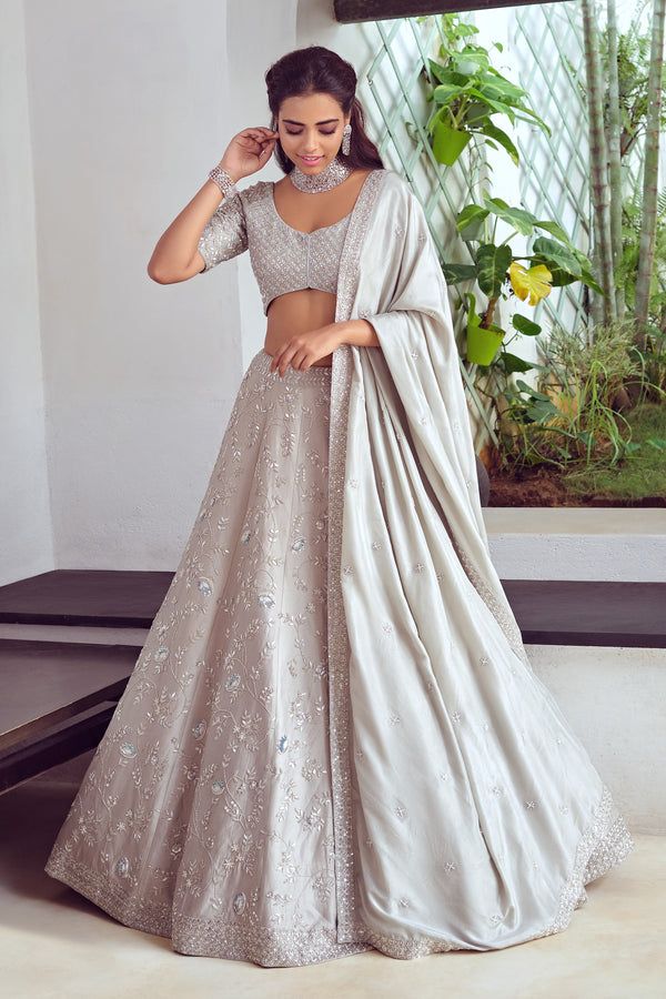 Grey Embroidered Lehenga Set With Dupatta