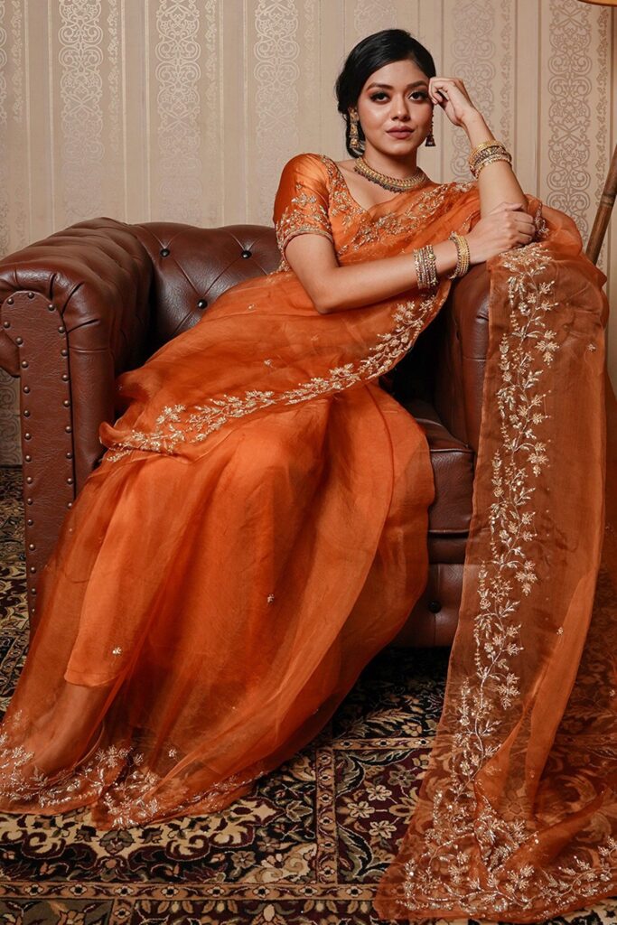 Gul By Aishwarya Embroidered Border Saree With Blouse | Orange, Cutdana, Saree, Round, Short