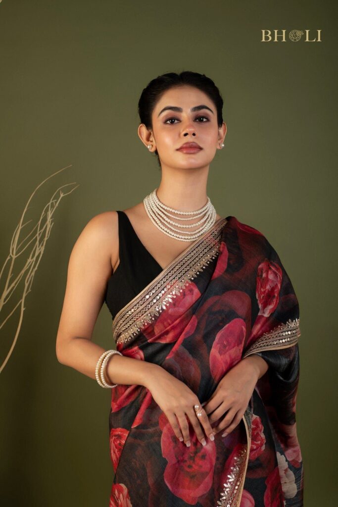 Handcrafted gota and pearl work handloom tussar silk saree