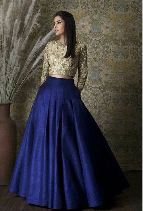 Royal Blue Pleated Skirt Full Length With Embriodered Peach Choli and Dupatta – Etsy