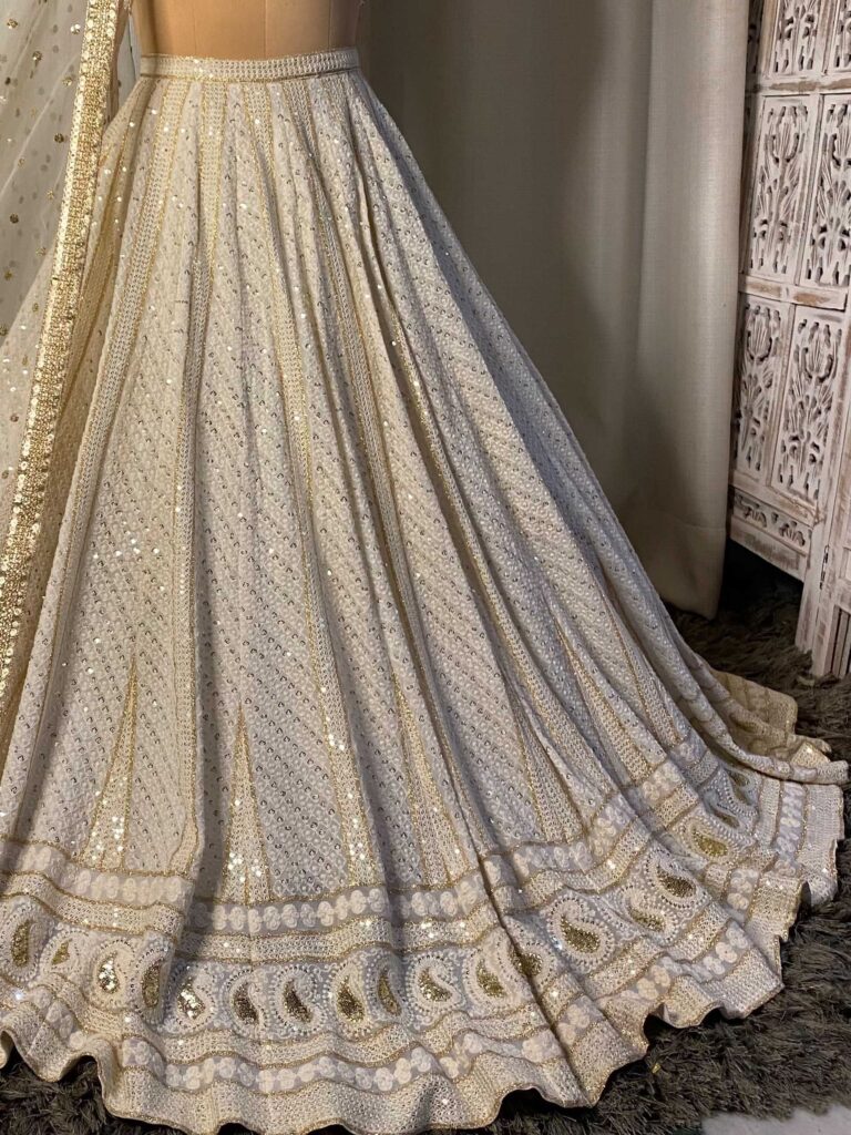 Ivory and Gold Chikankari Embroidered Lehenga Set