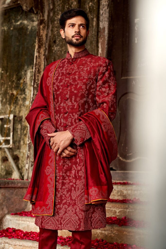 JAYANTI REDDY Embroidered Sherwani Set | Maroon, Straight Full, Raw Silk, Mandarin Collar, Straight Full