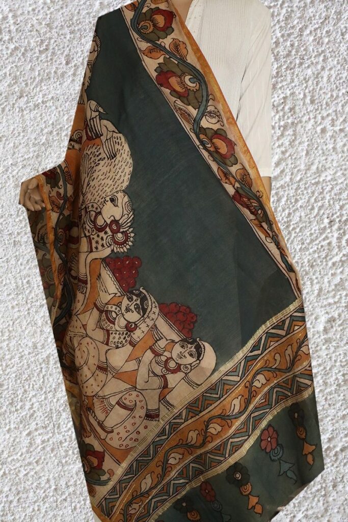 Kalamkari Dupatta – Buy Hand Painted Pen Kalamkari Dupatta Online