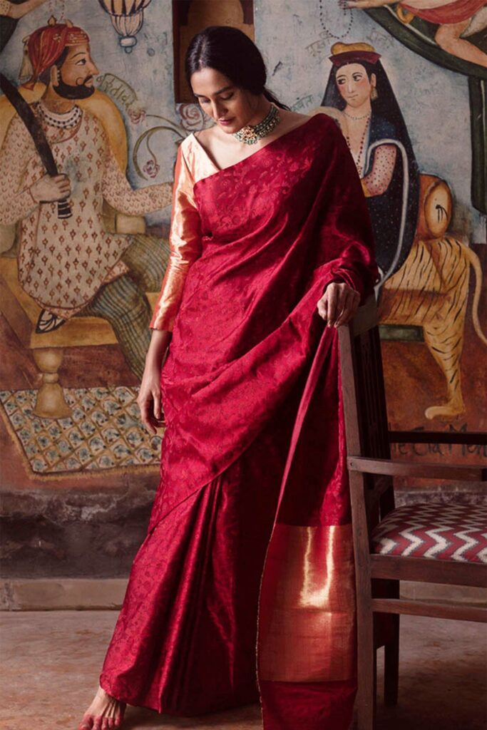 Kasturi Kundal Silk Banarasi Handloom Saree | Maroon, Base Fabric Pure Silk