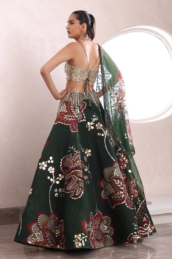 Mahima Mahajan Siya Floral Lehenga Set | Women, Lehengas, Fusion Lehengas, Printed Lehengas, Green, Mirror, Organza, Sweetheart, Sleeveless