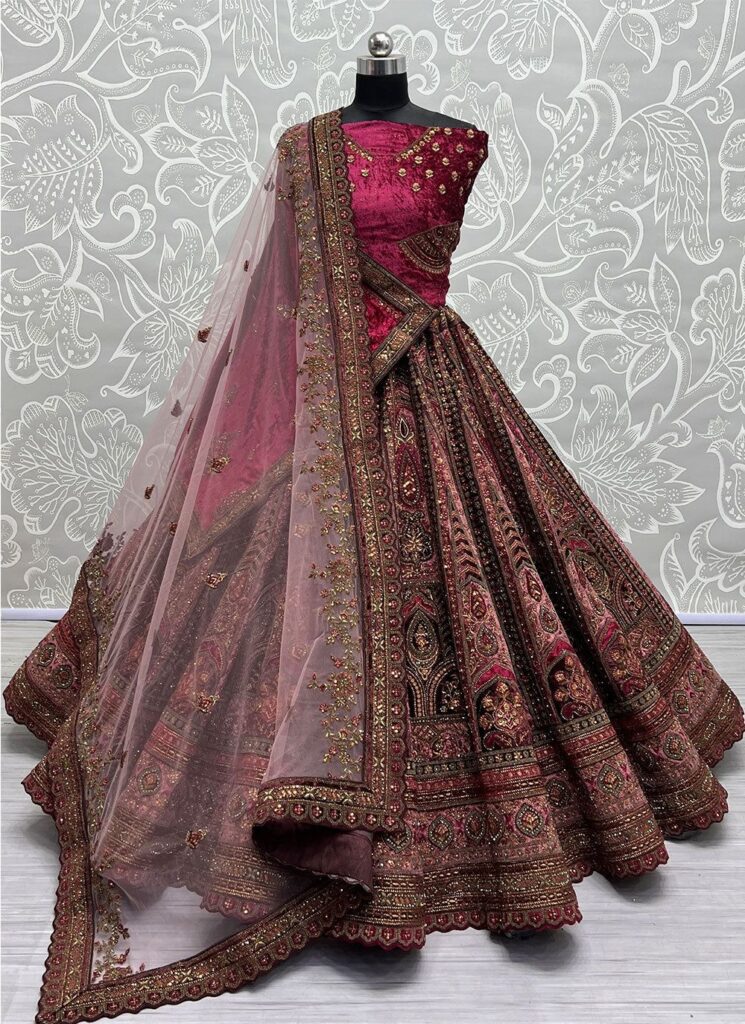 Maroon Velvet Diamond, Dori, Embroidered, Patch Border, Sequins And Zari Work Lehenga Choli