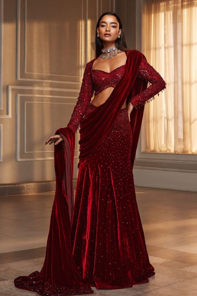 Maroon Velvet Swarovski Stone Saree | Manish Malhotra