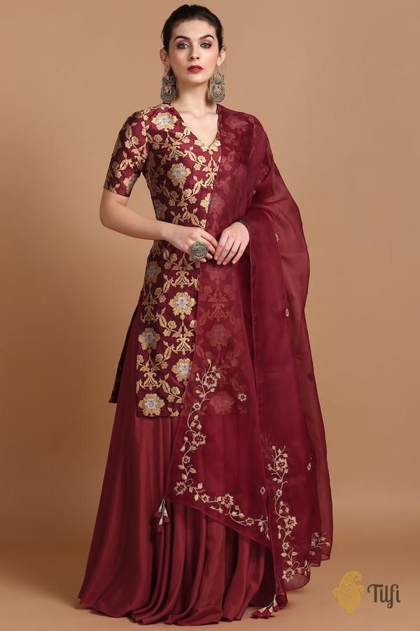 Merlot Red Pure Katan Silk Kadwa Jangla Handloom Suit-Skirt Set