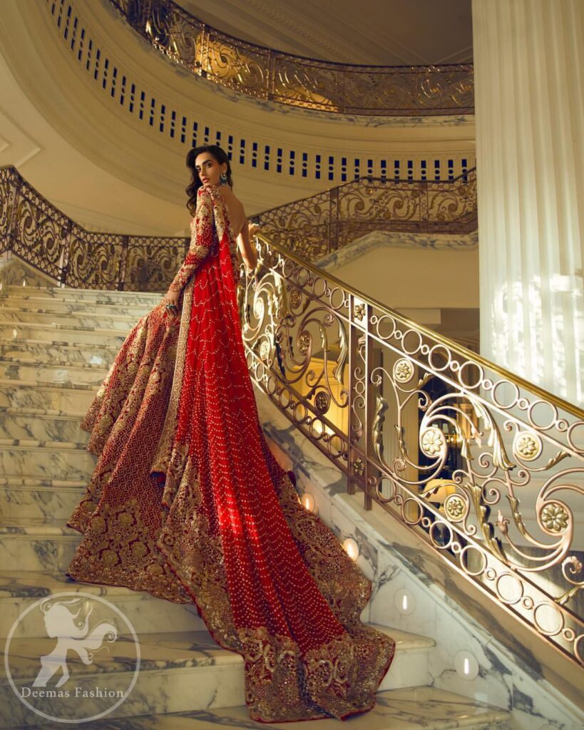 Milano Red Strapless Blouse Back Train Lehenga