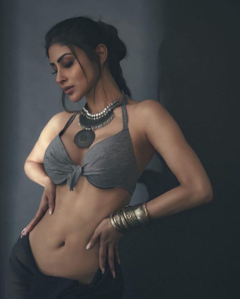 Mouni Roy Looks Smoking Hot In A Grey Bralette Paired With A Black Sarong And Vintage Jewellery