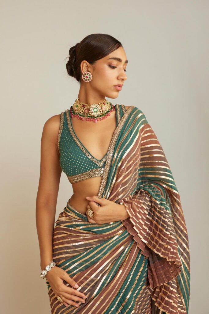 Mud green pre-draped sari and blouse – XS