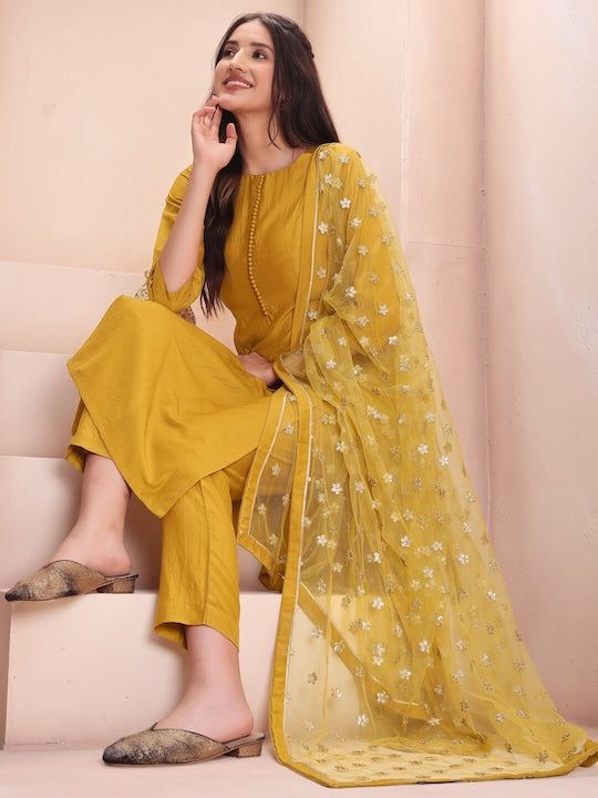 Mustard Yellow Sequinned Kurta With Trousers & Dupatta – XL