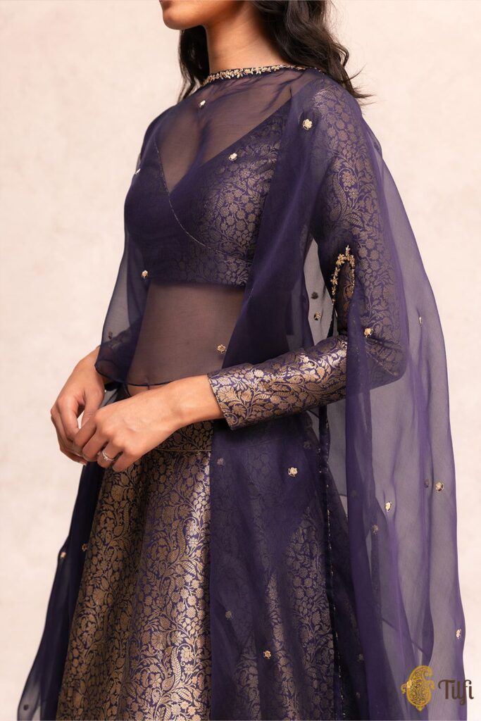 Navy Blue Brocade Banarasi Handloom Lehenga Set with Hand-embroidered Cape