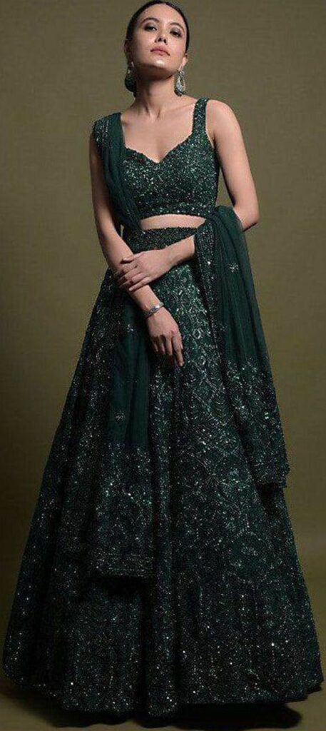 Net Wedding Lehenga in Green with Zari work