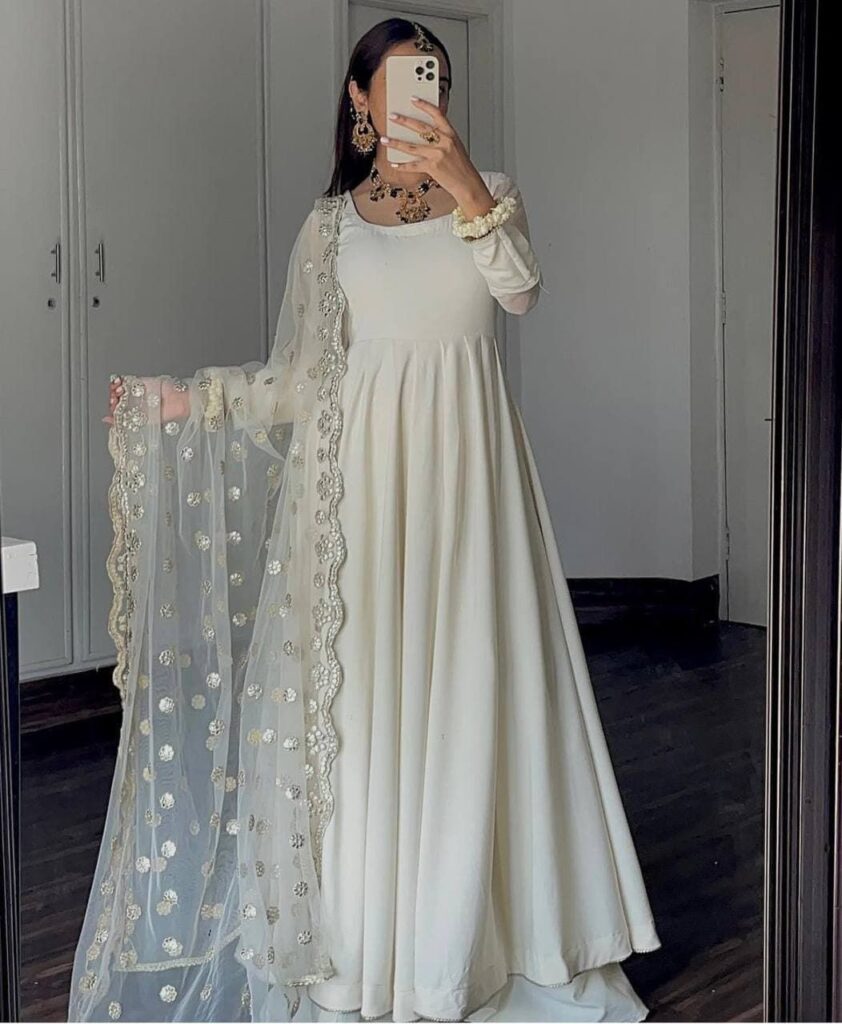 New designer white georgette anarkali dress with heavy golden lace work dupatta summer wear dress summer party wear daily wear white dress