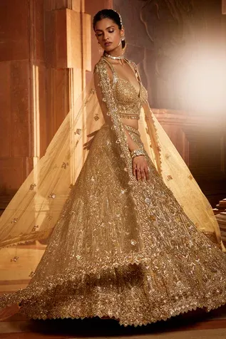 Nitika Gujral Geometric Embroidered Lehenga Set | Gold, Geometric, Net, Sweetheart, Sleeveless