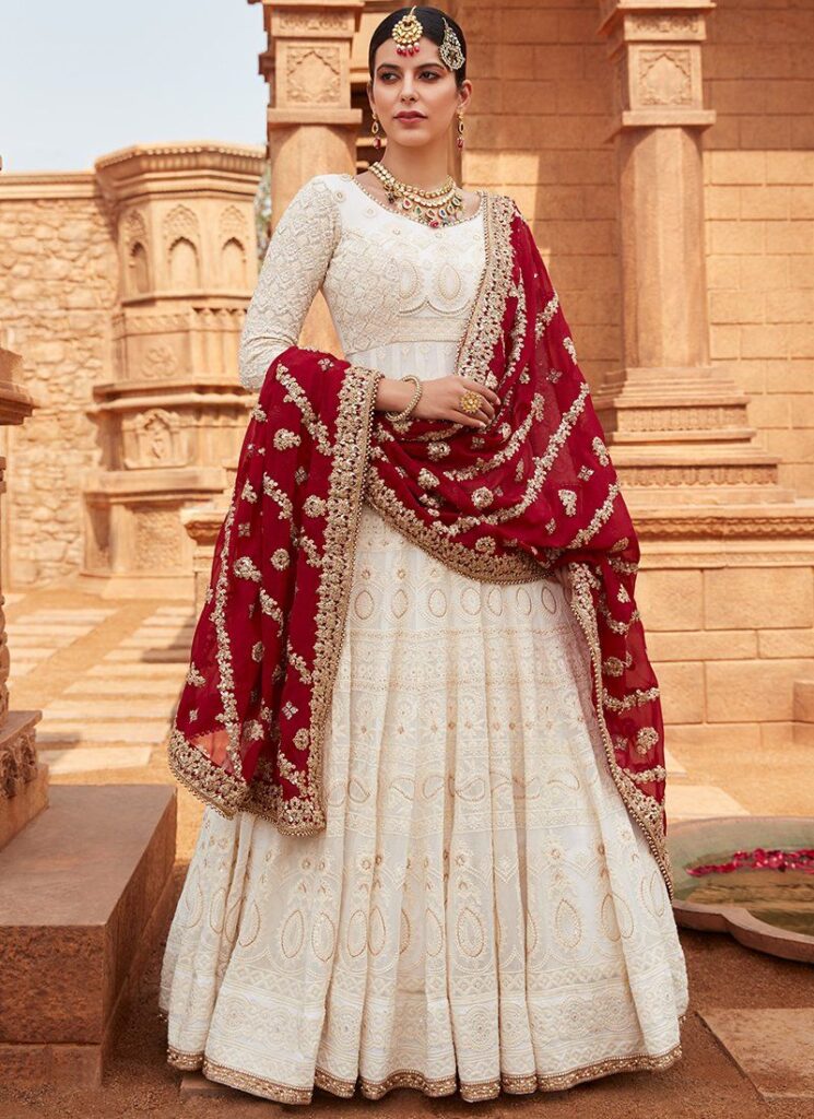 Off White Anarkali With Maroon Dupatta | Lashkaraa