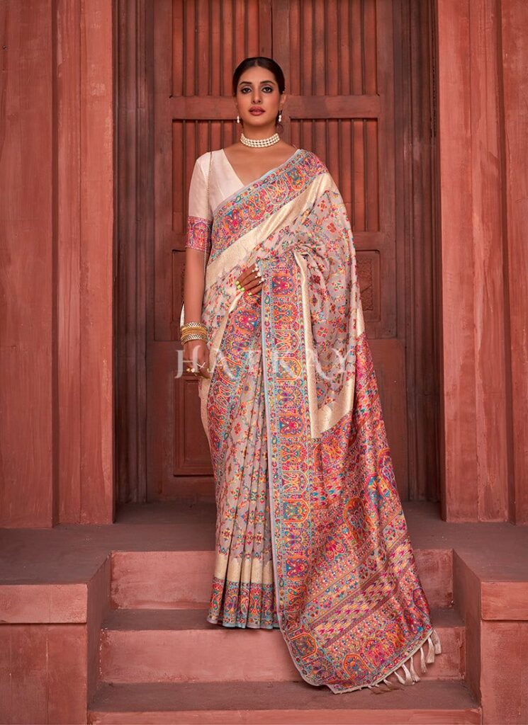 Off White Digital Printed Pashmina Silk Saree