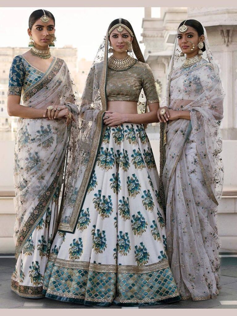 Off-White Flower Print Silk Wedding Lehenga Choli