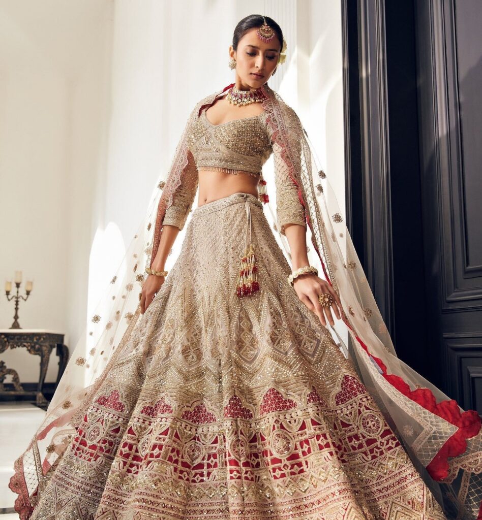 Off White and Red Lehenga Choli Dupatta Bridal Dress – LARGE