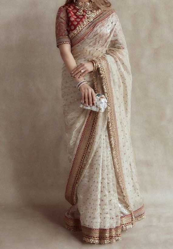 Off white Indian wedding saree with gold sequins heavy embroidered blouse custom made Bollywood designer sari cocktail saree