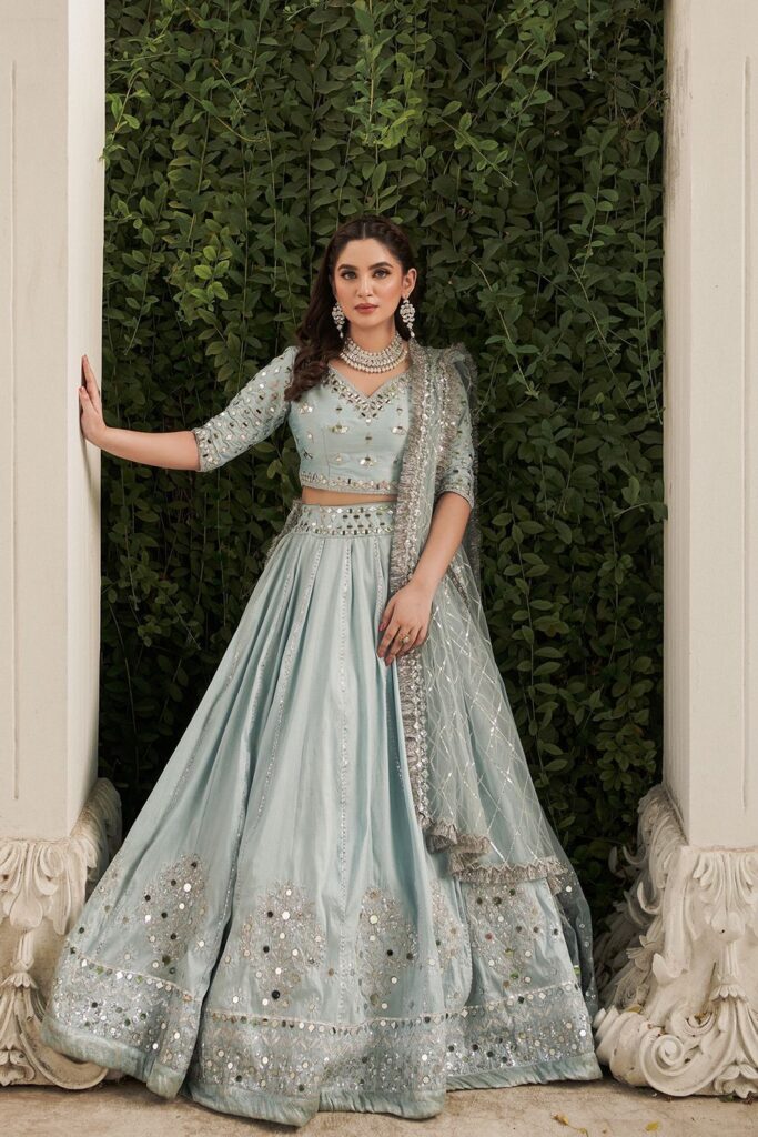 Pakistani Bridal Ice Blue Lehenga Choli Dupatta Dress – SMALL